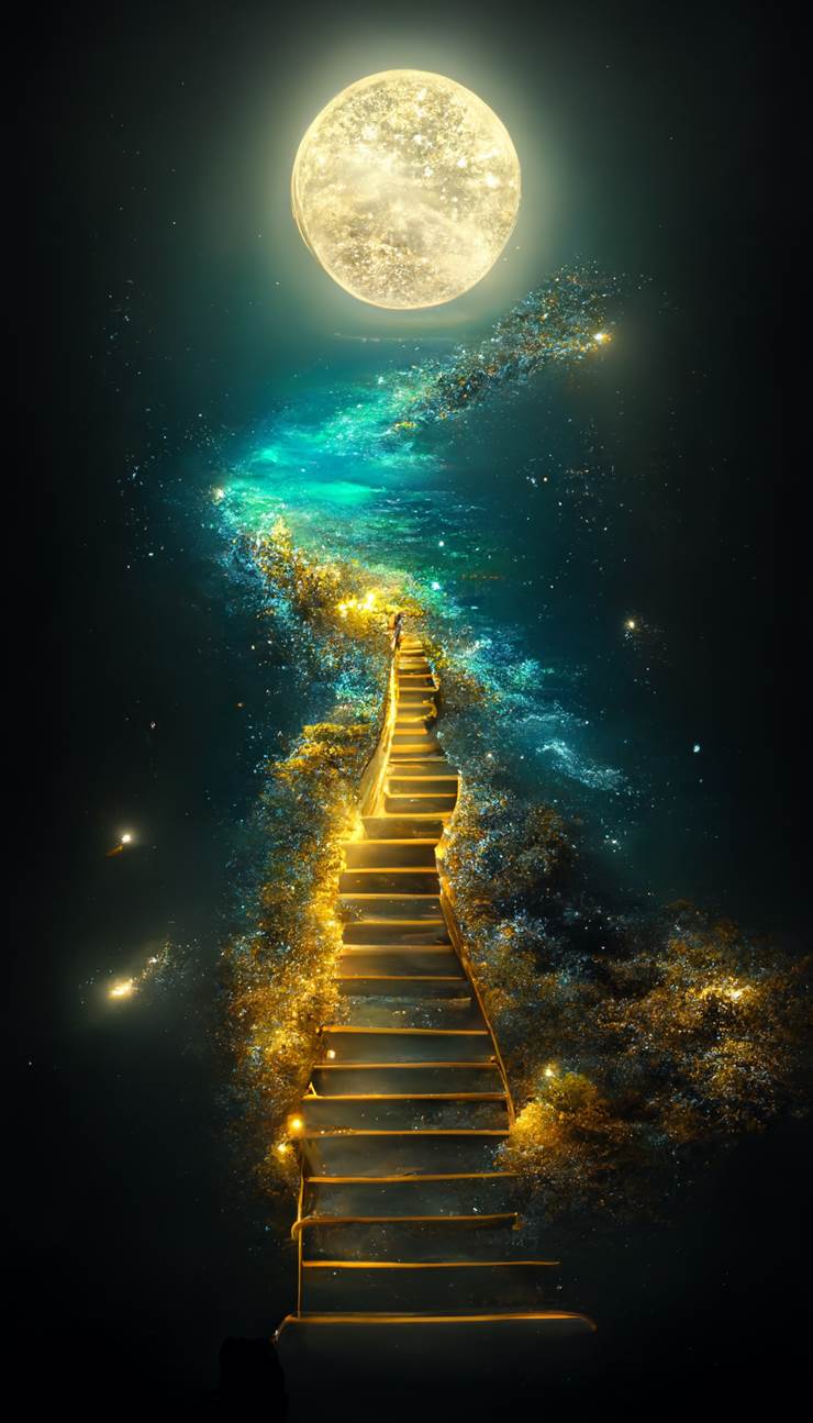 通往夜空的阶梯|插画师mio的AI风景插画图片