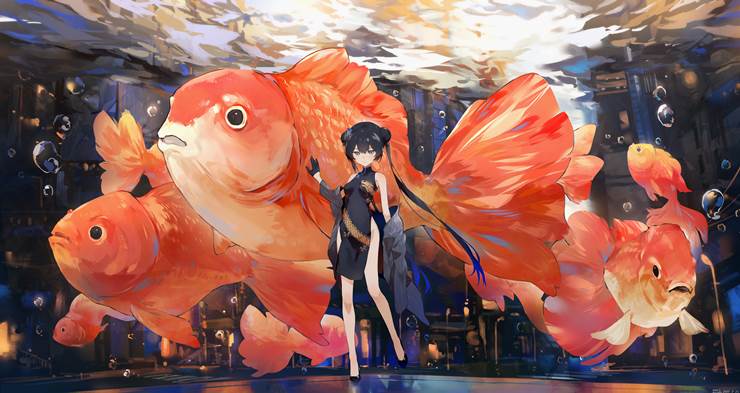 有小金鱼/Gold fish游来游去的插画壁纸图片，浪漫主义色彩