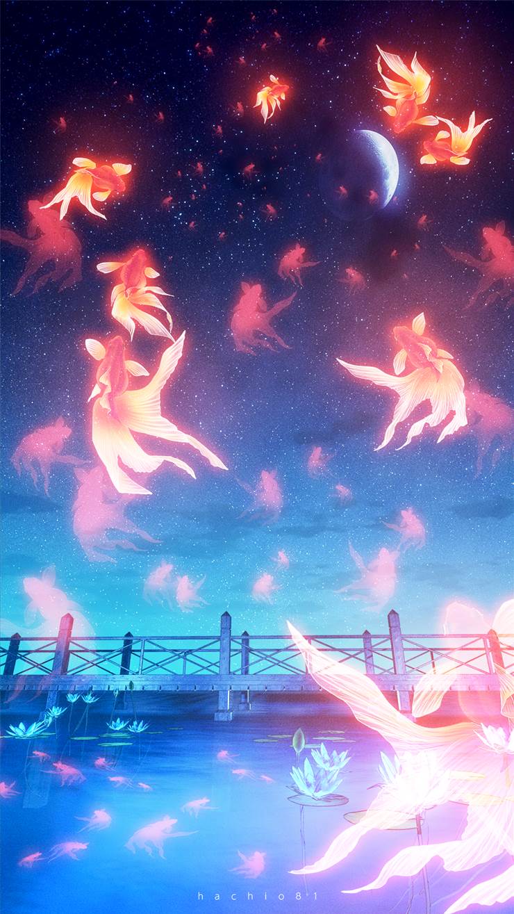 风景, 原创, background, starry sky, fantasy, water surface, 金鱼, 风景100收藏
