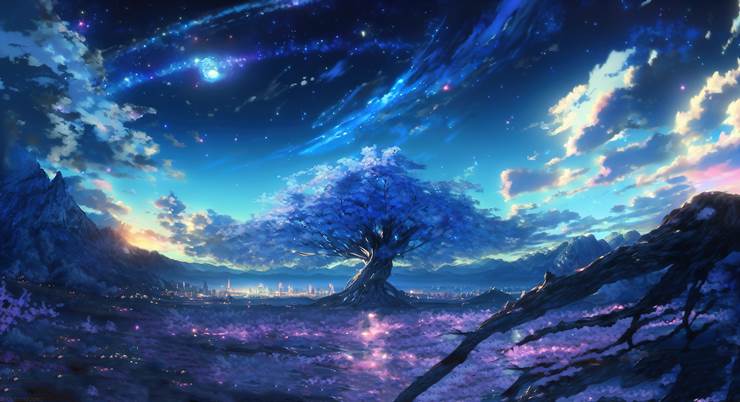 风景, background, night, star, 树, 奇幻