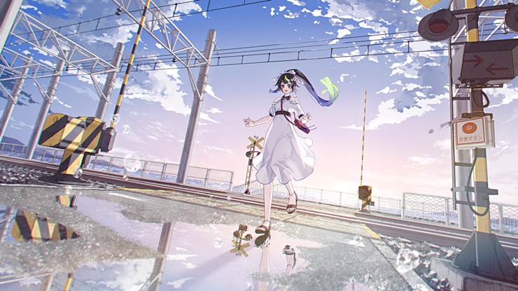 virtual youtuber, reflection pool, after the rain