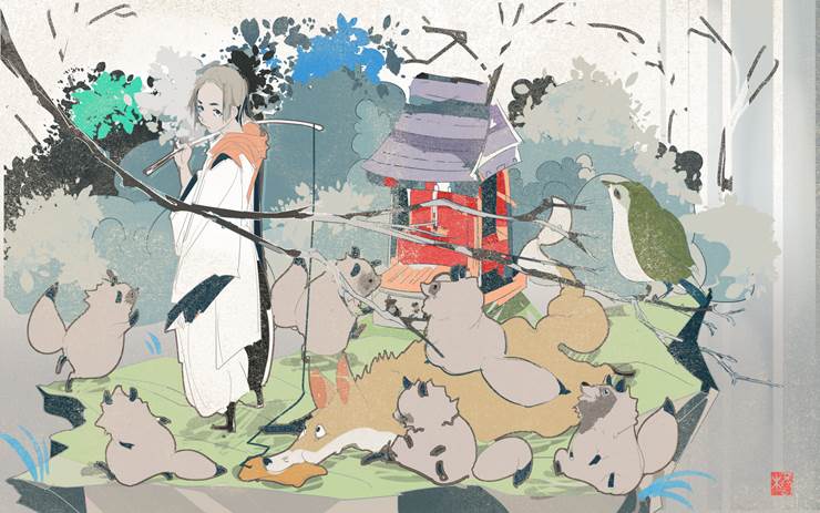 带有狐狸的油炸食品|插画师Hiiragi.kisyun的和风妖怪插画图片