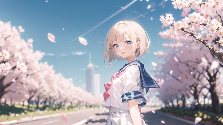 樱花和水手服|插画师Vsukiyaki的自然风光插画图片