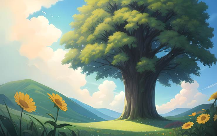 橡树向日葵|插画师Eternal2kPP的自然风光插画图片