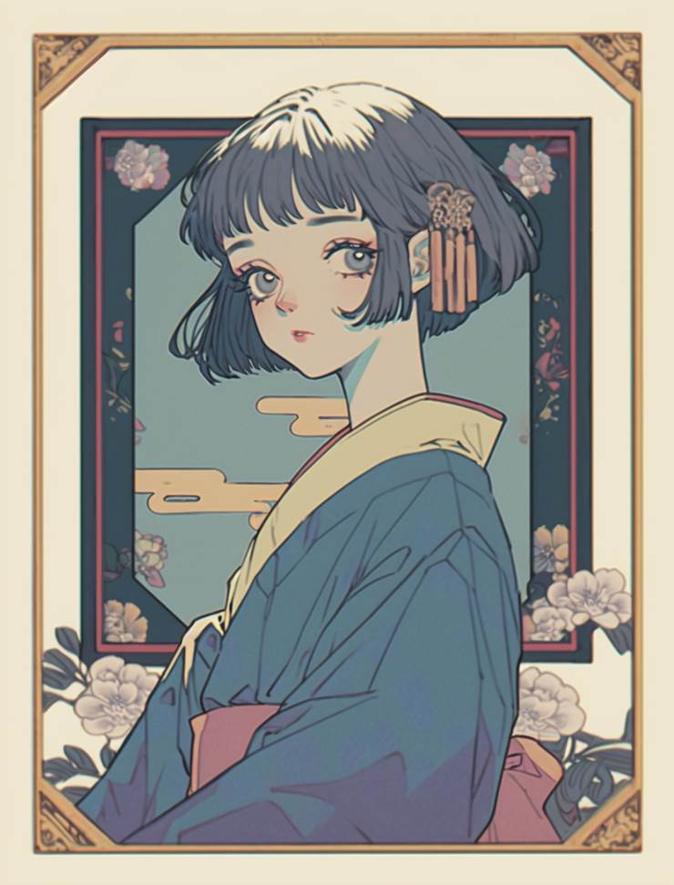 ai绘图, 女孩子, 短发, blue hair, 和服, 和风