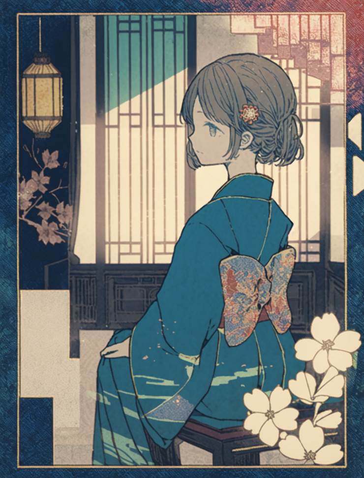 AI Illustration, girl, short hair, kimono, Japanese style