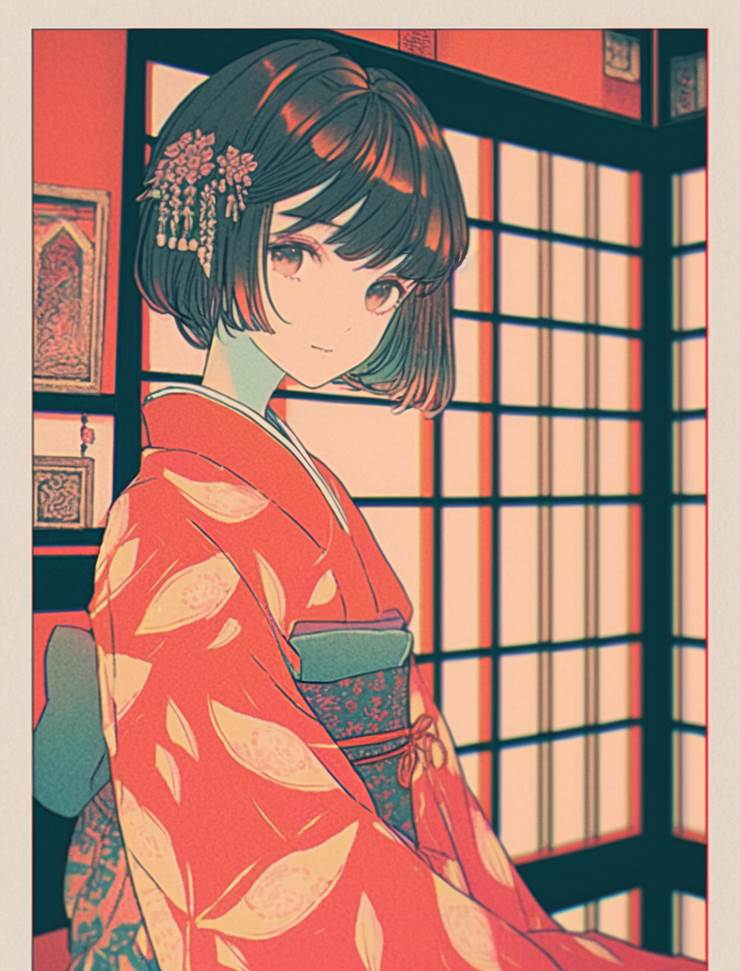 ai绘图, 女孩子, 短发, 和服, 和风, red