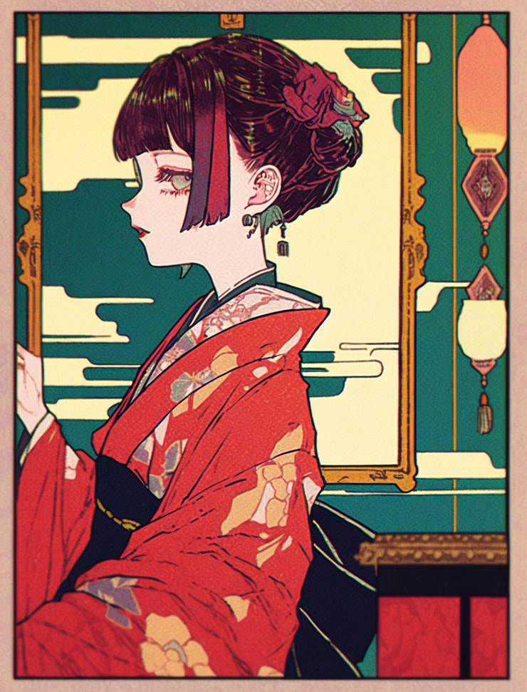 ai绘图, 女孩子, 短发, 和服, 和风