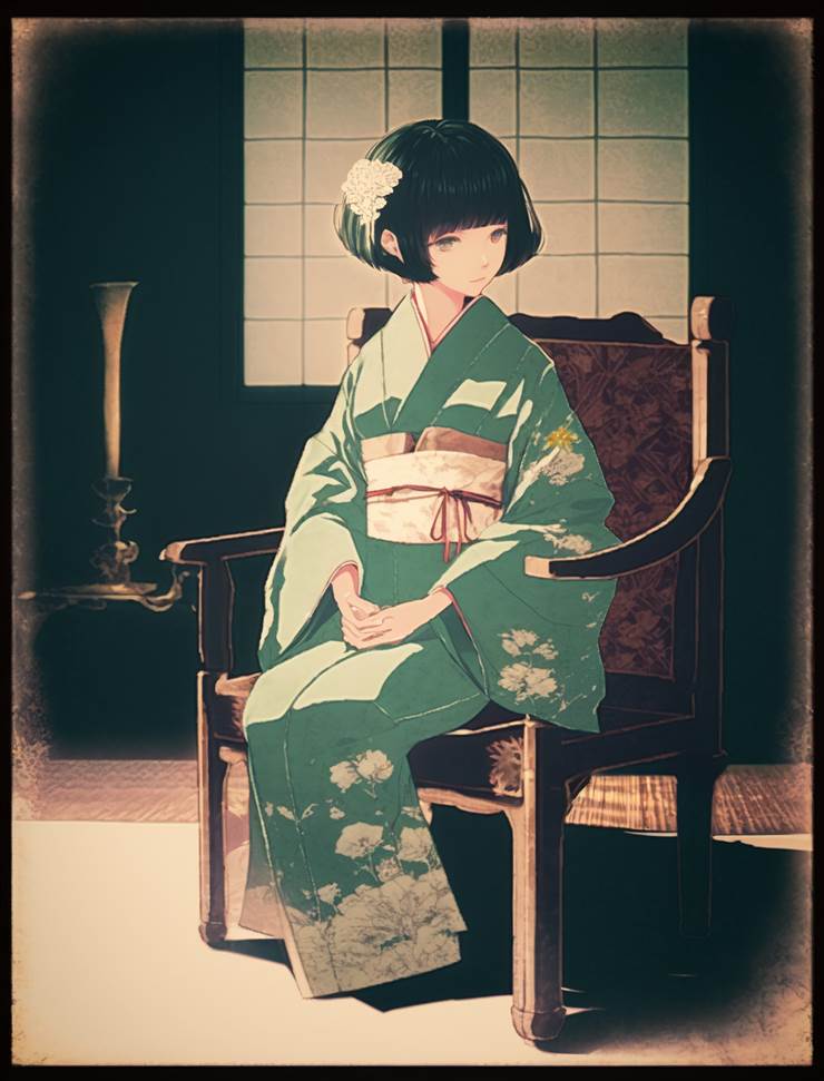 AI 画作, 女孩子, 短发, 和风, 和服, green