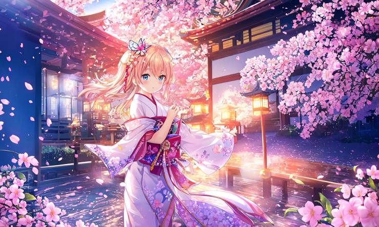 ai绘图, 原创, 金发碧眼, young girl, 风景, 樱, 和服