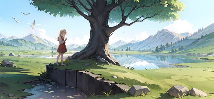 风景, background, scenery, lake, 树, grass, mountain