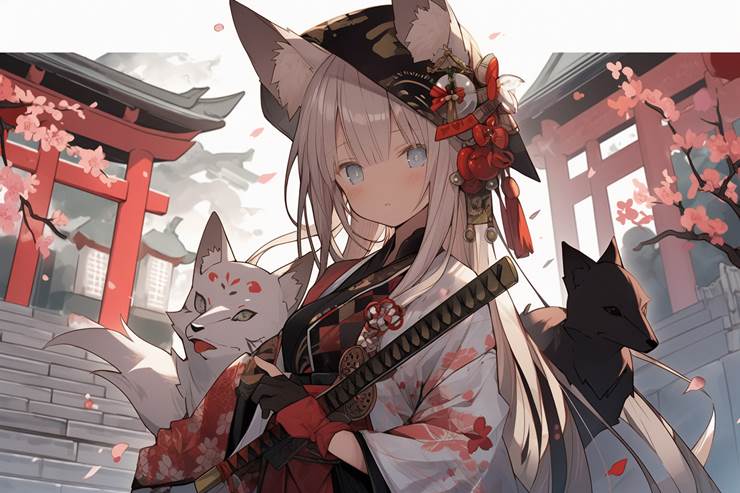 女孩子, fox ears, 和风, 和服, young girl, 奇幻, AI 画作