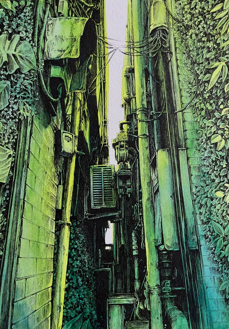 好抽象的复杂建筑群啊，Pixiv人气插画师指宿-ID:33942905
