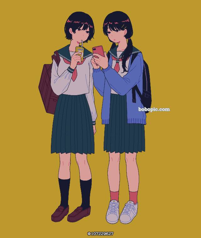 一张书包,水手服,小女孩,下双马尾绘画图片