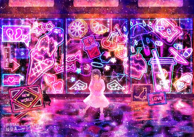 插画, 原创, 女孩子, neon sign, 黑猫, 风景