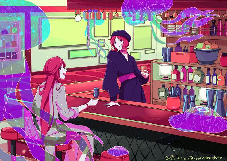 水母酒吧|插画师银鲛的和服插画图片