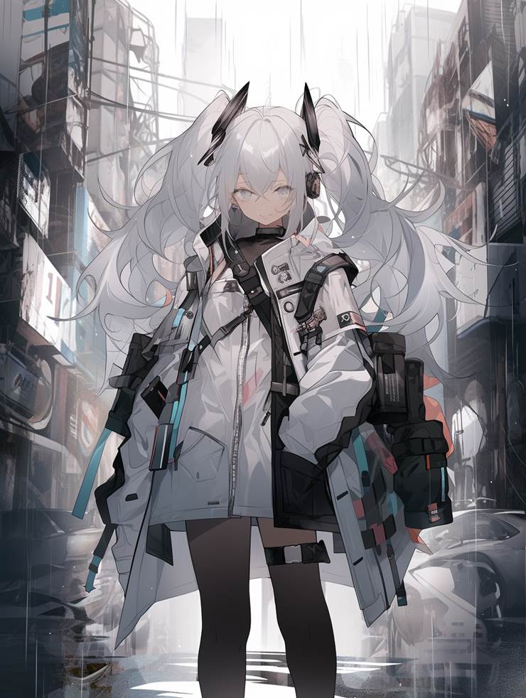 aI-generated illustration, girl, mecha girl, white hair, SF/fantasy, Techwear