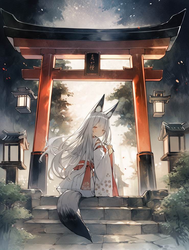 girl, Japanese style, loli, beautiful, fox ears, fox-eared miko, white hair