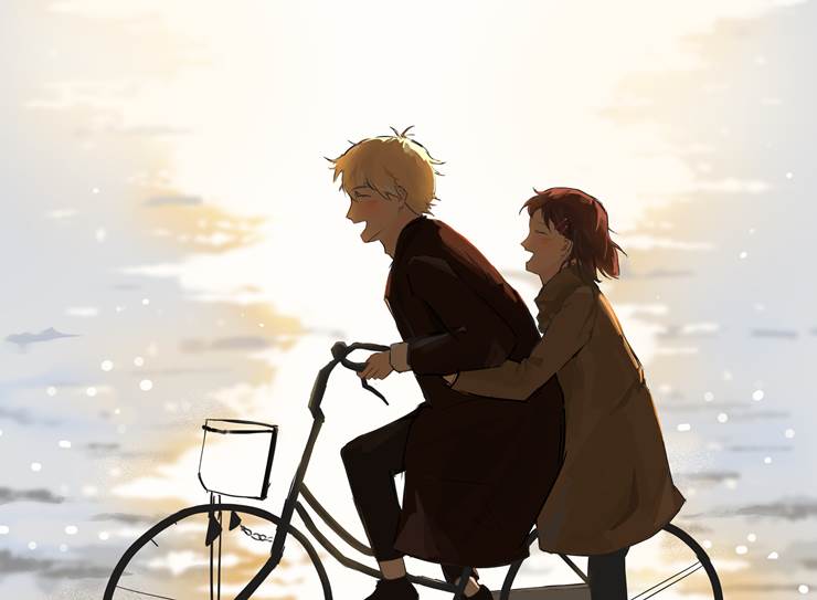 Mitsumi Iwakura, Sousuke Shima, 跃动青春, water surface, 夕阳, sea, background, 风景