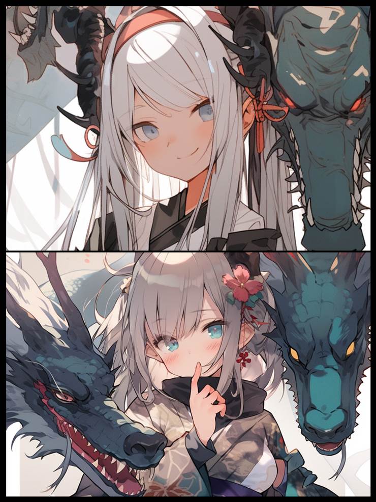 young girl, 原创, 银发, 和风, 和服, 龙