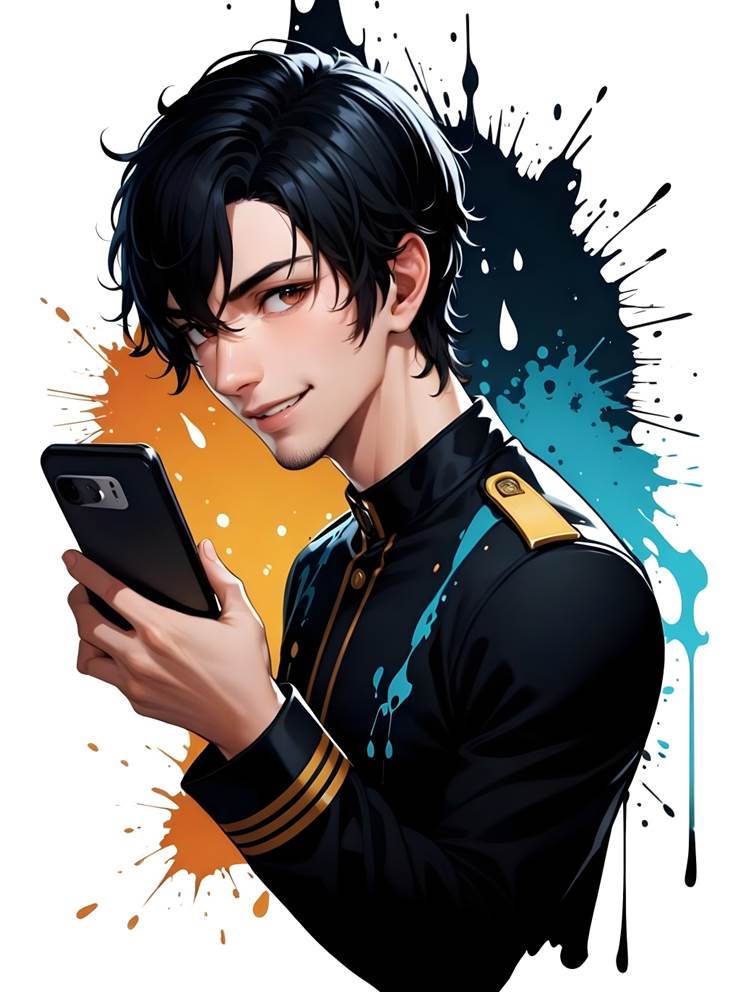 Holding Smartphone (AI)|插画师Mr14akaRDA的AI绘图（帅哥）插画图片