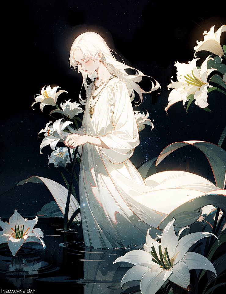 AI illustration, illustration, creation, young girl, flower, white hair, ancient
