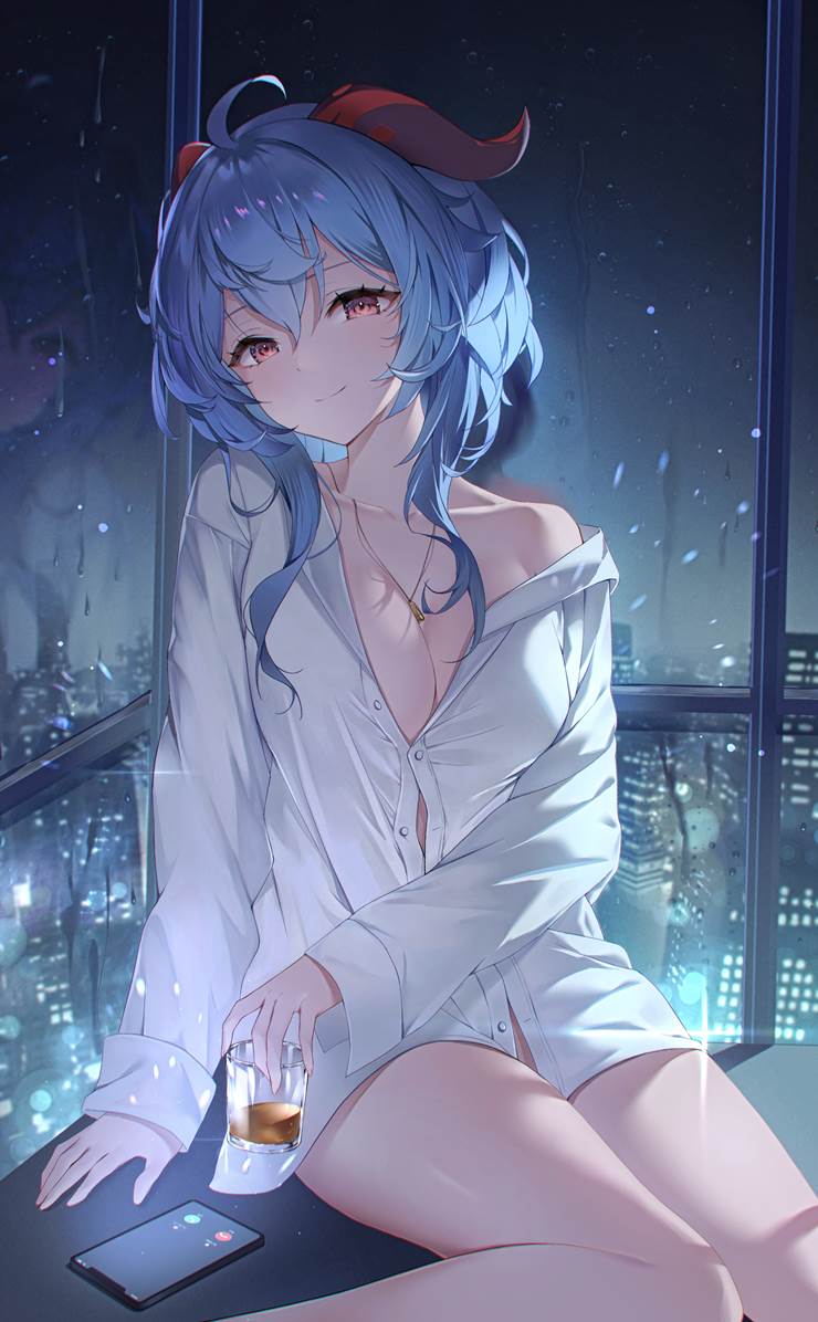 Genshin Impact, Ganyu (Genshin Impact), Ganyu, night view, smartphone, 裸体衬衫, 原神10000收藏