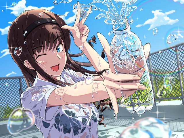 圣诞之吻, Amagami SS, Haruka Morishima, 夏日天空, 抛媚眼, peace sign, plastic bottle, 衣服湿透