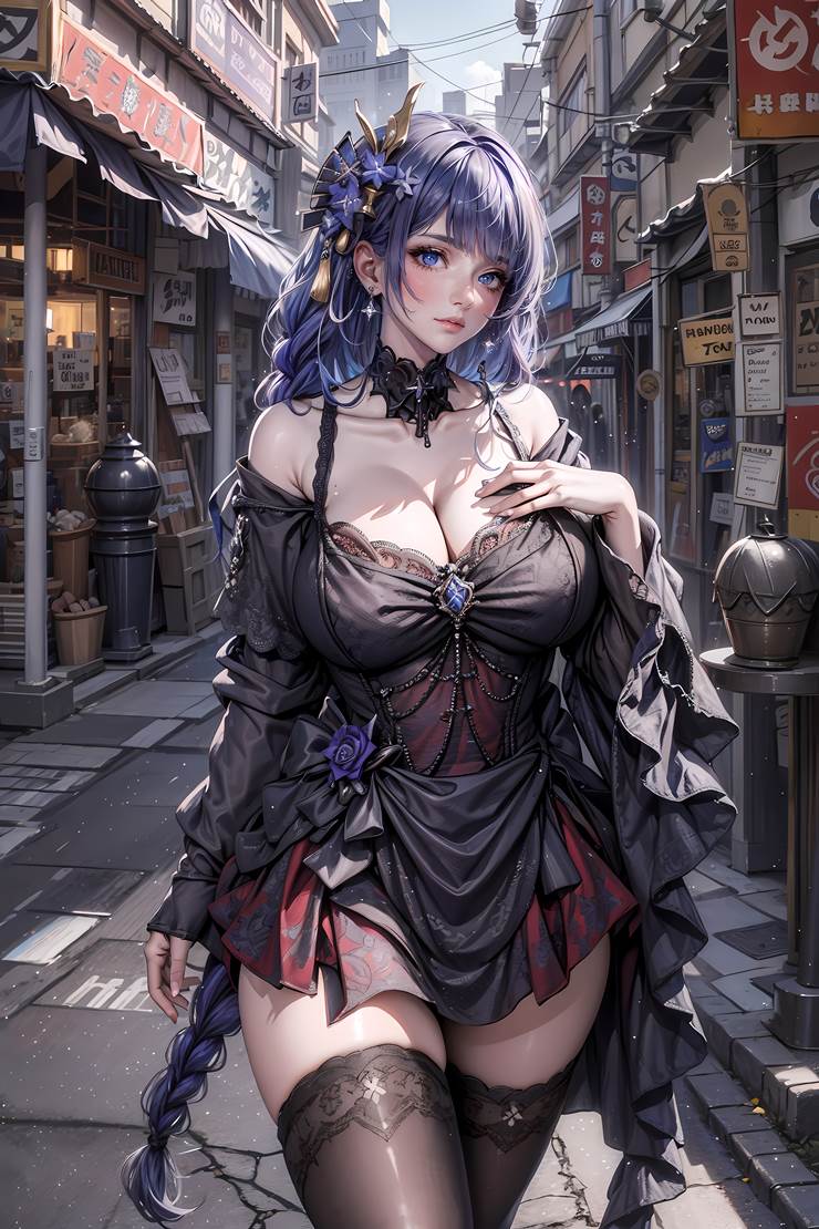 AI illustration, beautiful girl, bewitching breasts, cleavage, Raiden Shogun, Genshin Impact, bewitching thighs