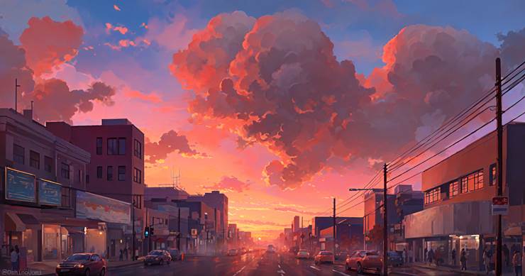 风景, scenery, background, 夕阳, sky, 云, town