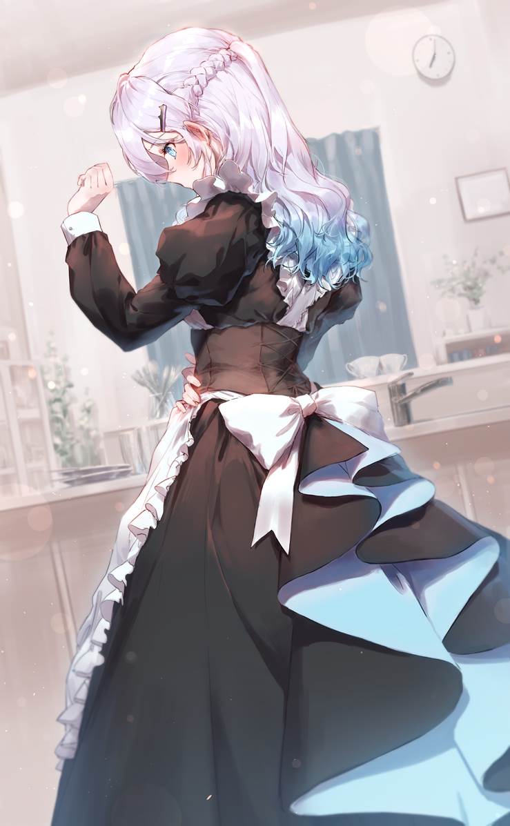 girl, original, white hair, maid, original character, maid uniform, corset