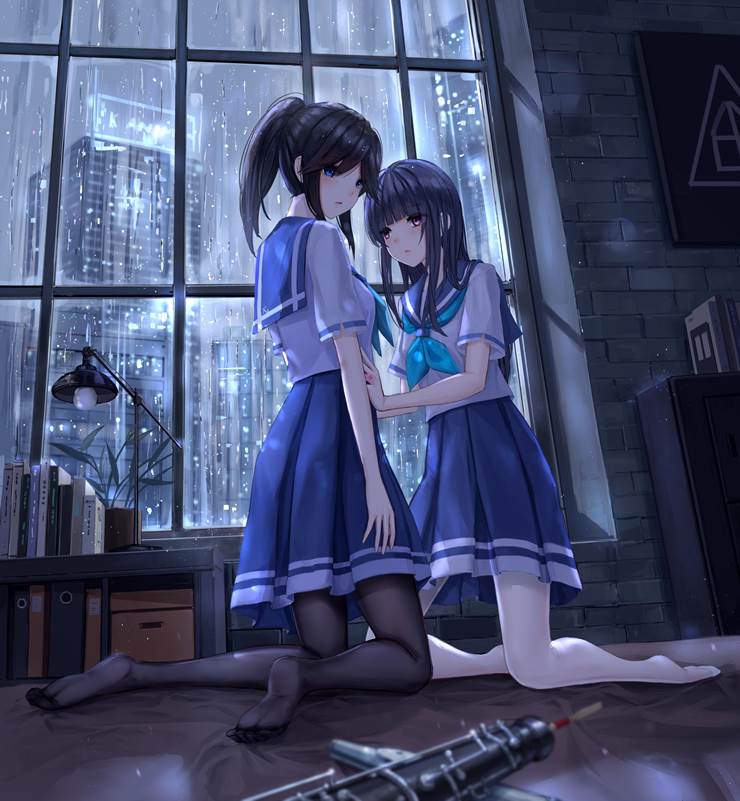 girl, Liz and the Blue Bird, Nozomi Kasaki, Mizore Yoroizuka, Sound! Euphonium, instrument, stockings, rain, NozoMizo, The soles of feet in socks