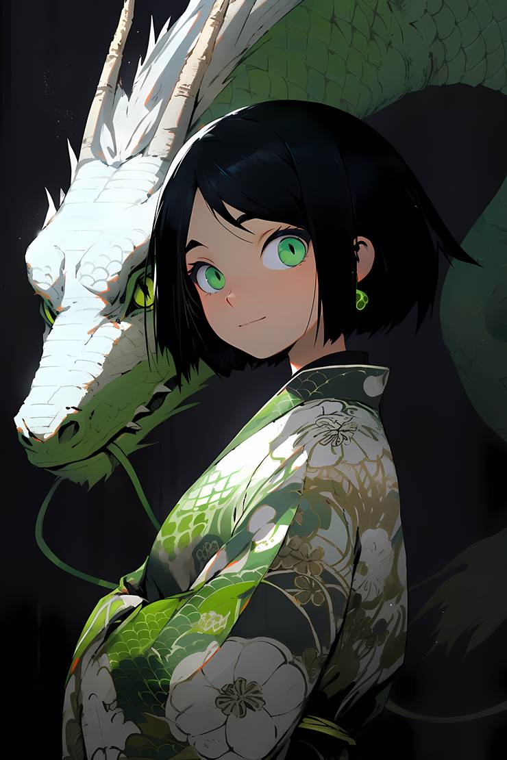 ai绘图, 黑发, 龙, 龙, 和服, 和风, beautiful girl, 可爱, 女孩子