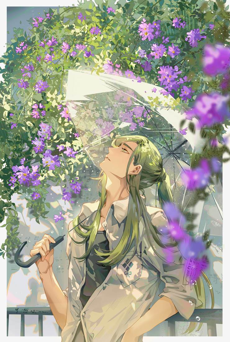 笑面青江, Touken Ranbu -ONLINE-, 帅哥, 插画, flower, 刀剑乱舞, rainy season, 伞