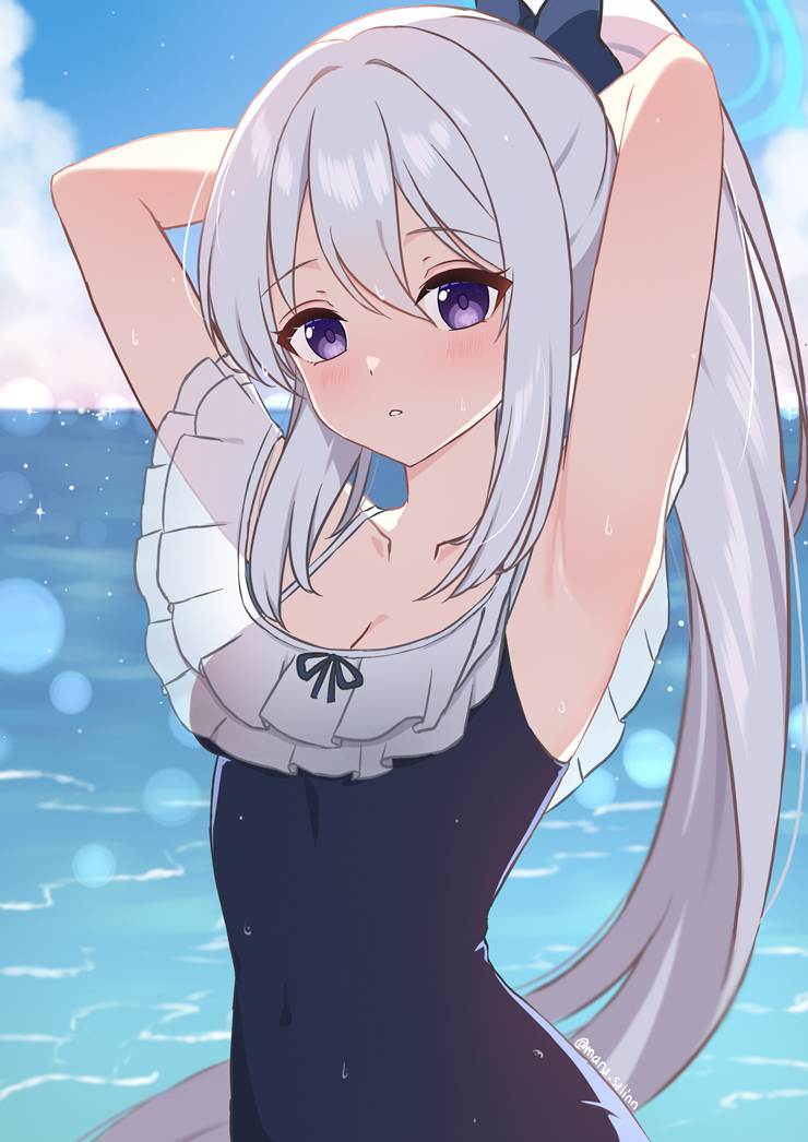 碧蓝档案, 泳装, 月雪宫子, Blue Archive 5000+ bookmarks, 腋下, swimming in the sea, hairdressing, purple eyes, 月雪宫子（泳装）