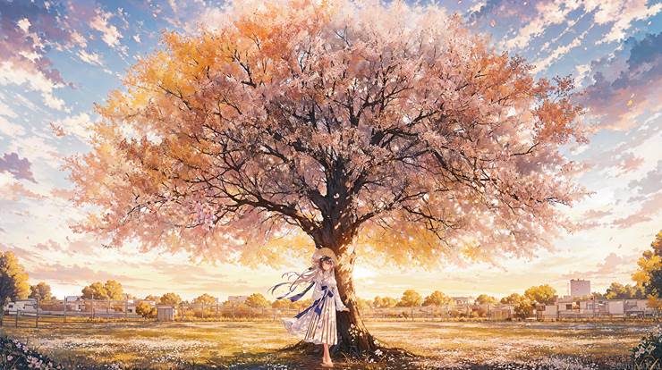 风景, scenery, background, sky, 云, 樱, 女孩子