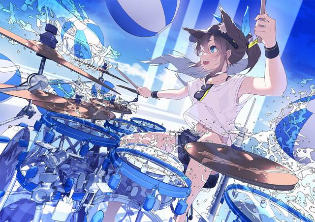 original, girl, animal ears, creation, swimsuit, summer, instrument, drums, original 1000+ bookmarks