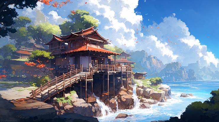 风景, scenery, background, sky, 云, waterfall, 河