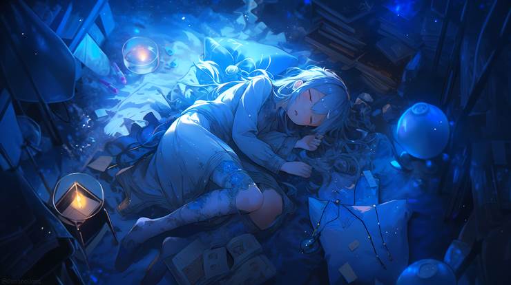 background, 女孩子, young girl, indoor, night, sleeping face, 奇幻