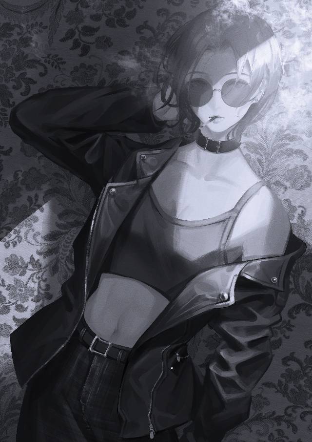 原创, 黑发, 厚涂, tobacco, 黑白, bob, 项圈, leather jacket, 穿洞