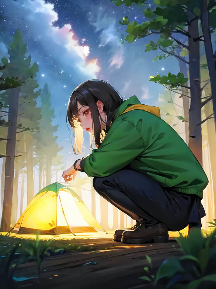 pixiv今日出题, camp, 原创角色, AI 画作, beautiful girl, forest