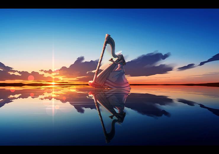 original, scenery, fantasy, girl, background, reflection pool, sunset, harp, original 1000+ bookmarks