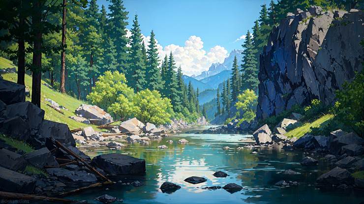 风景, background, scenery, mountain, 树, 河, nature