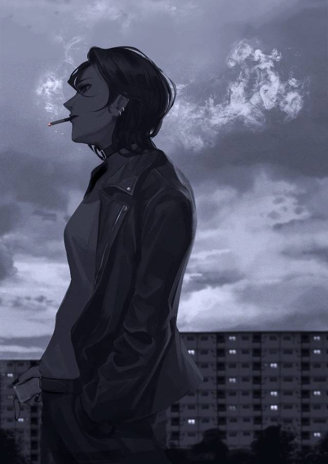 原创, 女孩子, 黑发, 厚涂, tobacco, 黑白, 项圈, 插画