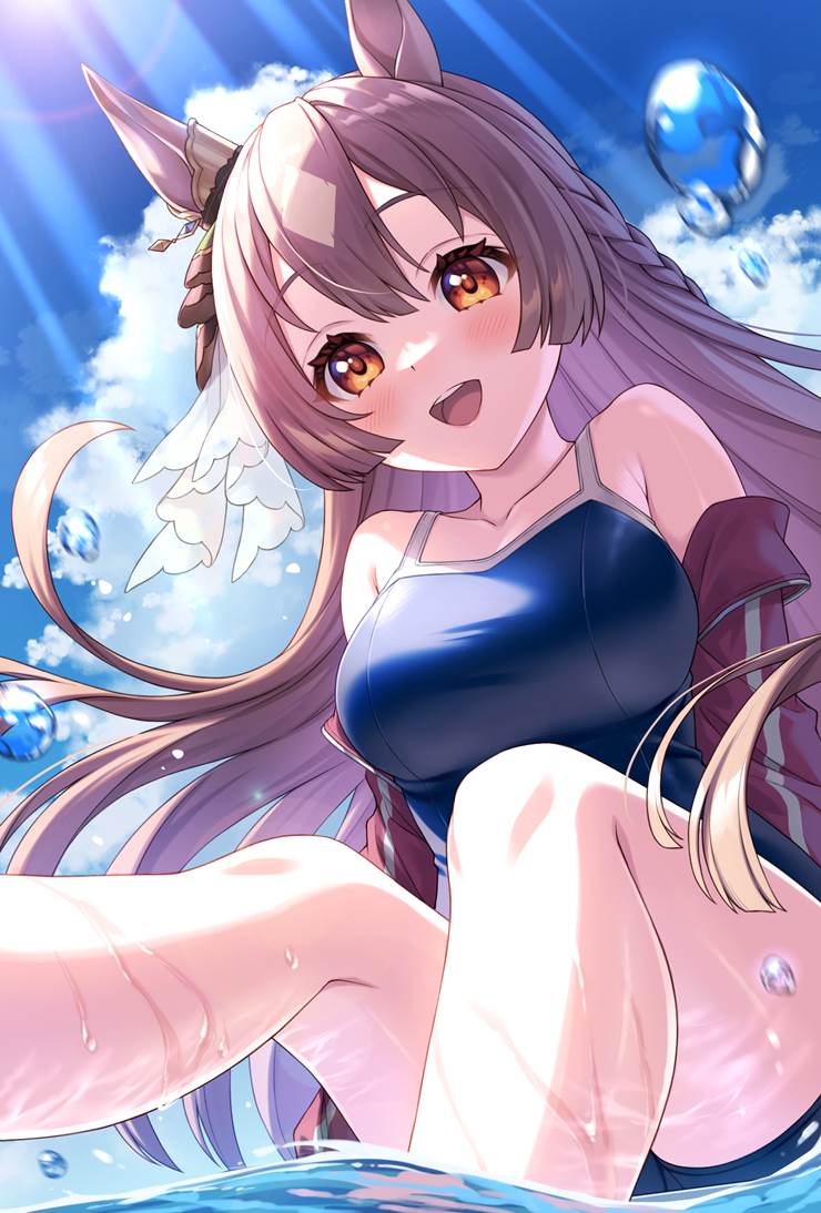 赛马娘Pretty Derby, 马娘, 里见光钻（赛马娘）, 学生泳衣, poolside, 魅惑的大腿, large breasts, 赛马娘Pretty Derby 1000收藏