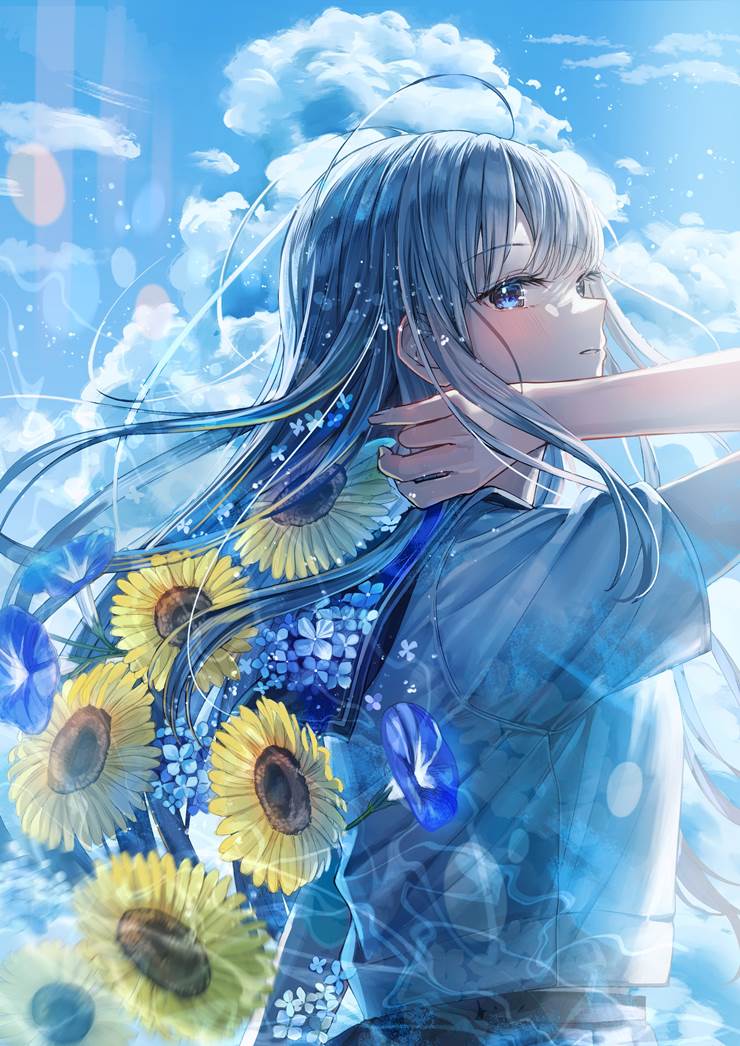 sunflowers, long hair, cumulo-nimbus, sailor uniform, original, original 1000+ bookmarks