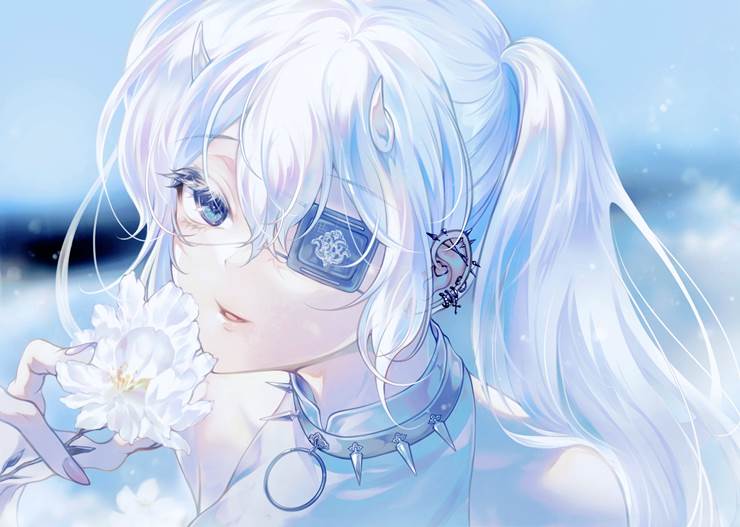 原创, 穿洞, 白发, 女孩子, 眼罩, 双马尾