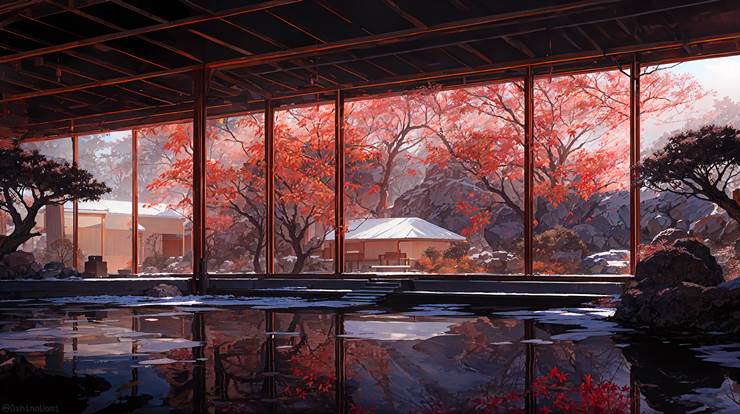 风景, scenery, background, indoor, autumn leaves, snow, pond