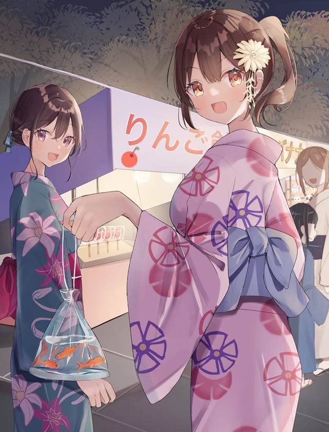 girl, original, summer, yukata, market stall