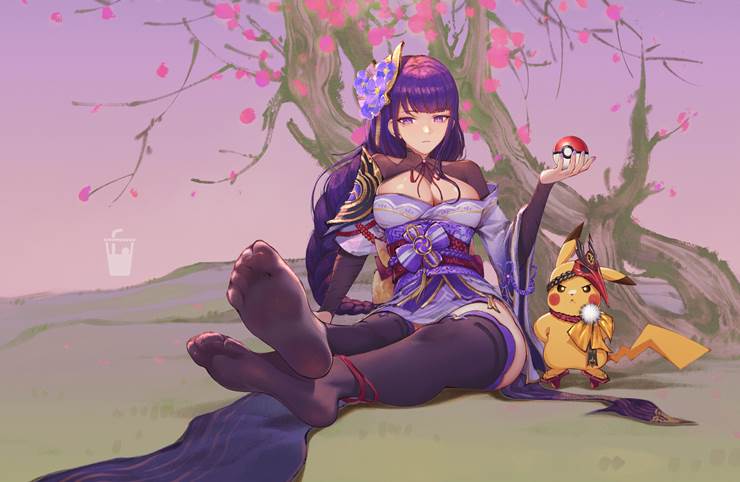 Genshin Impact, Raiden Shogun, girl, legs, black stockings, Genshin Impact 1000+ bookmarks, The soles of feet in socks